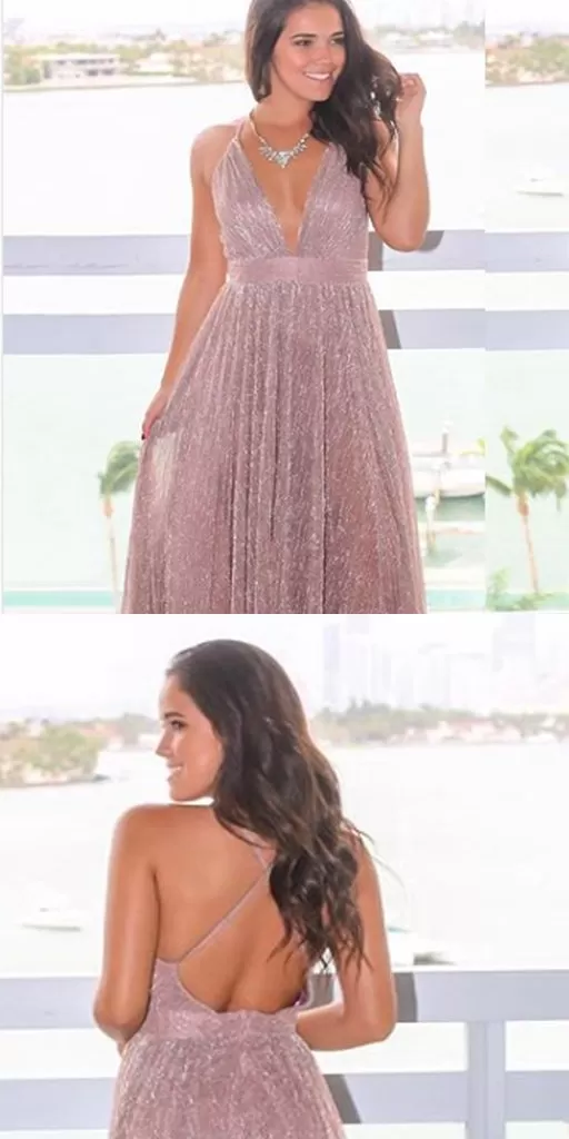 Deep V-neck Rose Gold Sequin Long Prom Dresses ,Cheap Prom Dresses,PDY0445