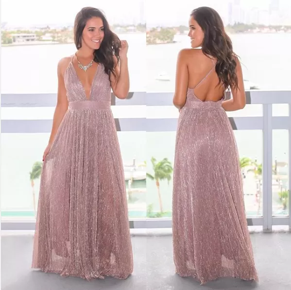 Deep V-neck Rose Gold Sequin Long Prom Dresses ,Cheap Prom Dresses,PDY0445