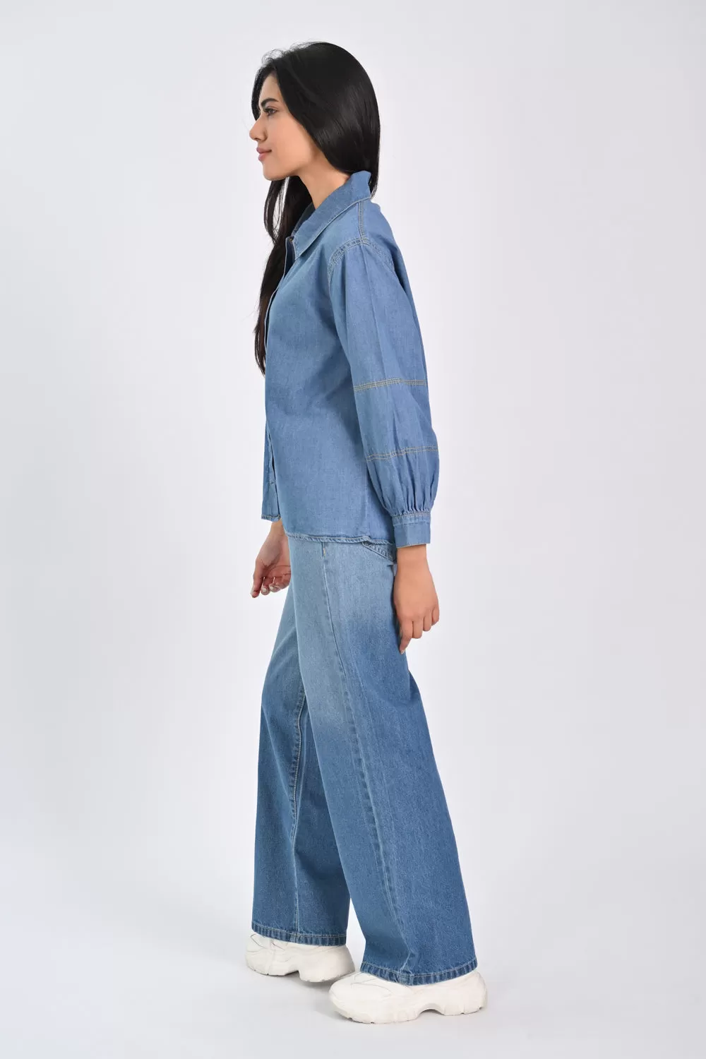 DENIM SHIRT WITH BLOUSED SLEEVES