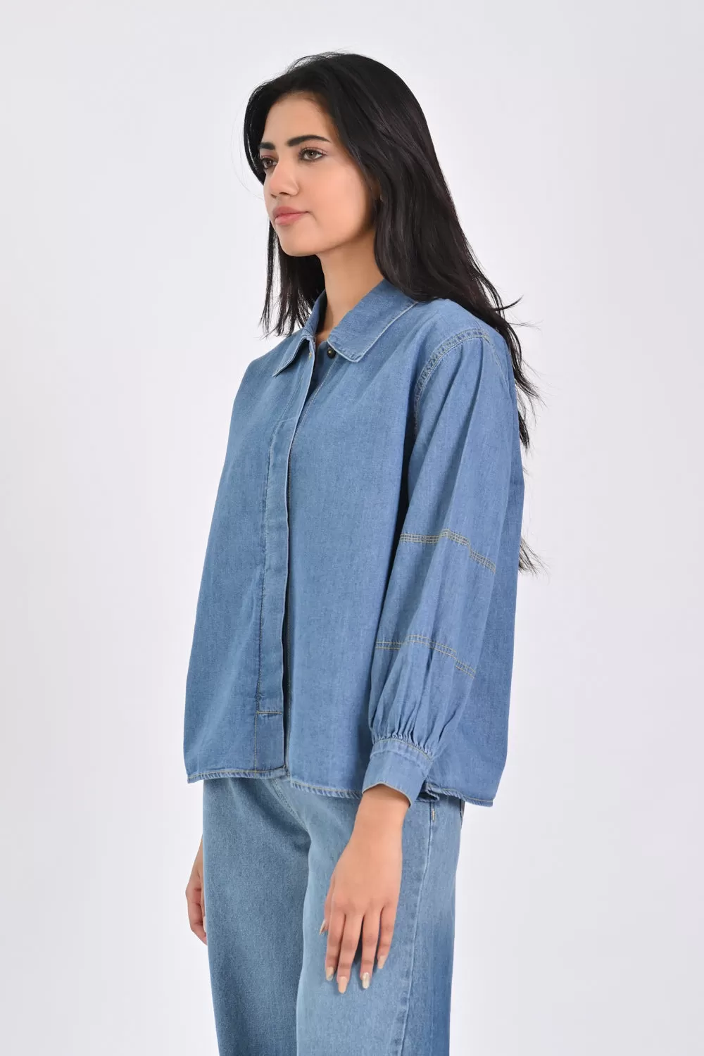 DENIM SHIRT WITH BLOUSED SLEEVES