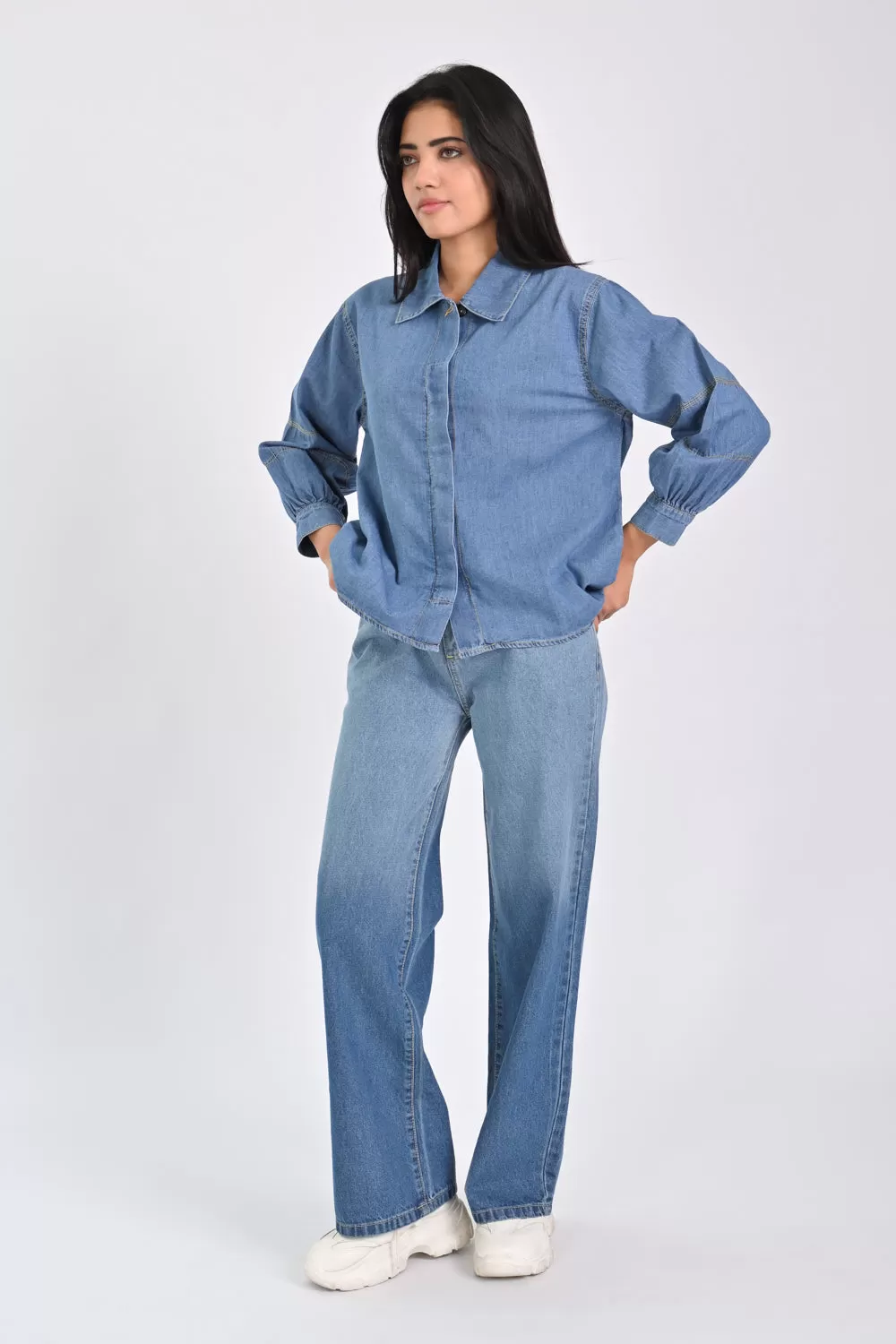 DENIM SHIRT WITH BLOUSED SLEEVES