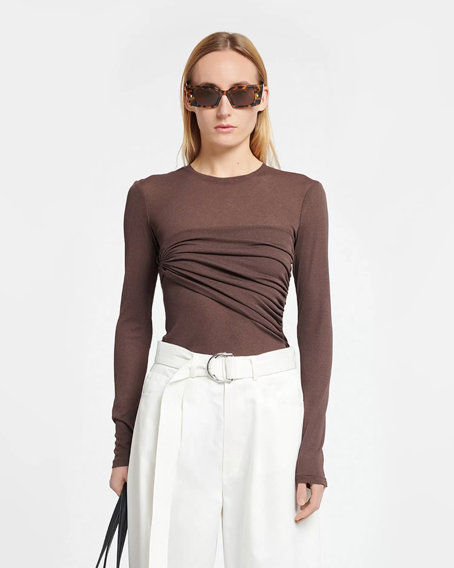 Deva - Draped Mesh-Jersey Top - Nutmeg