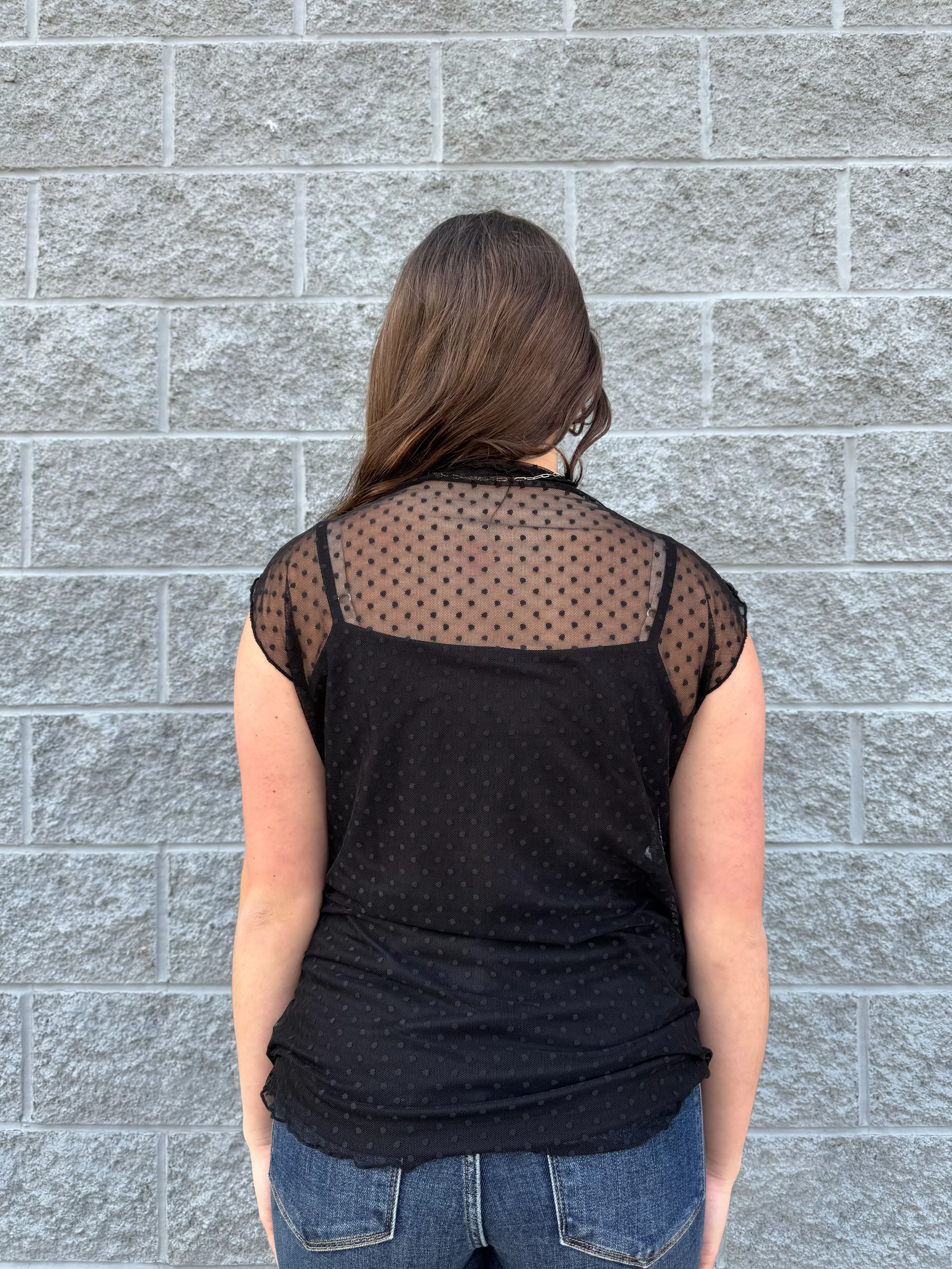 Dot - A Polka Dot Printed Blouse with Mesh Overlay