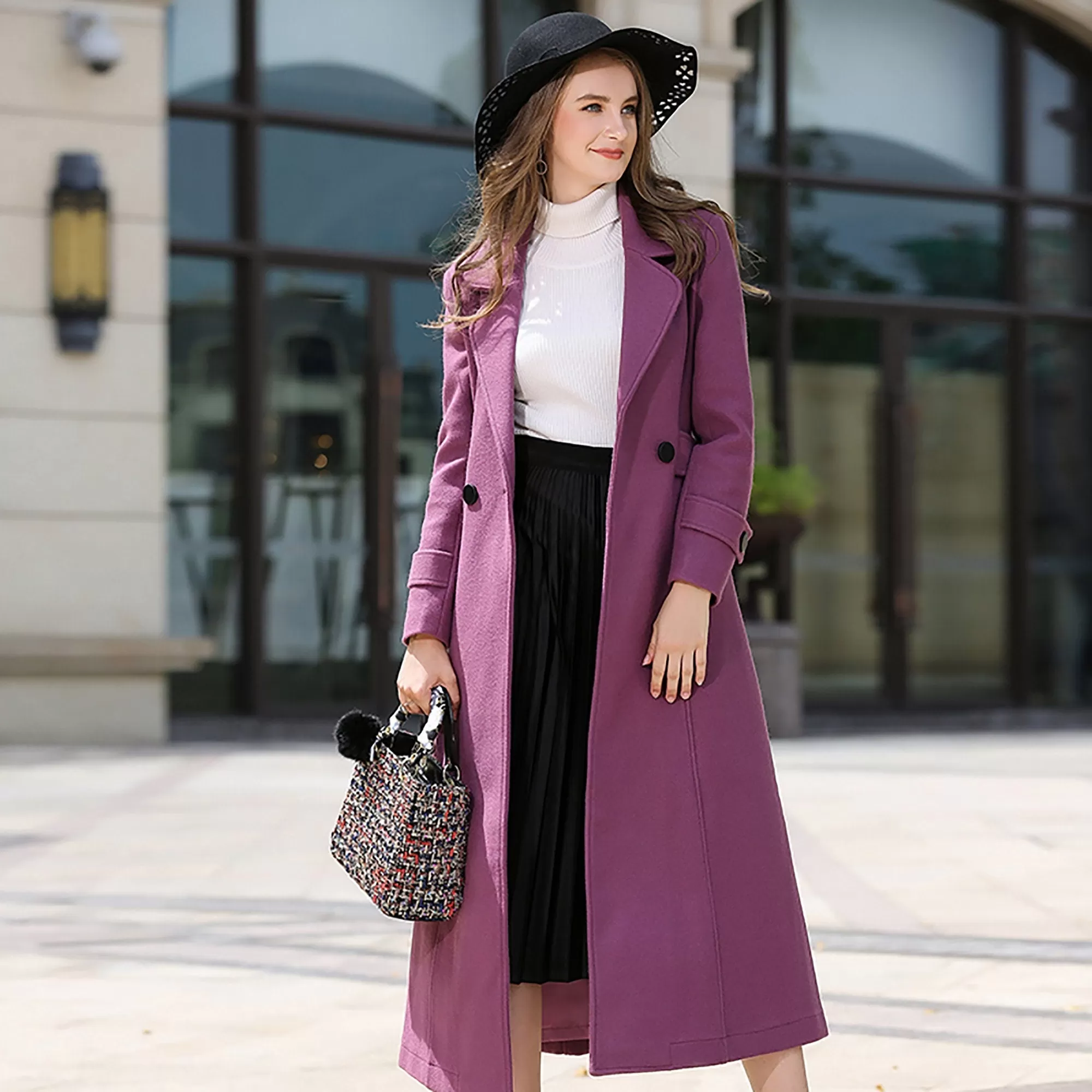 Double Breasted Fit & Flare Wool Blend Coat