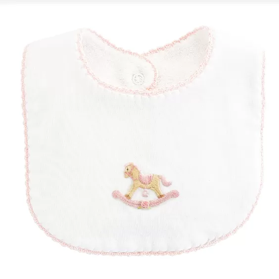 Embroidered Bib - Rocking Horse - Pink