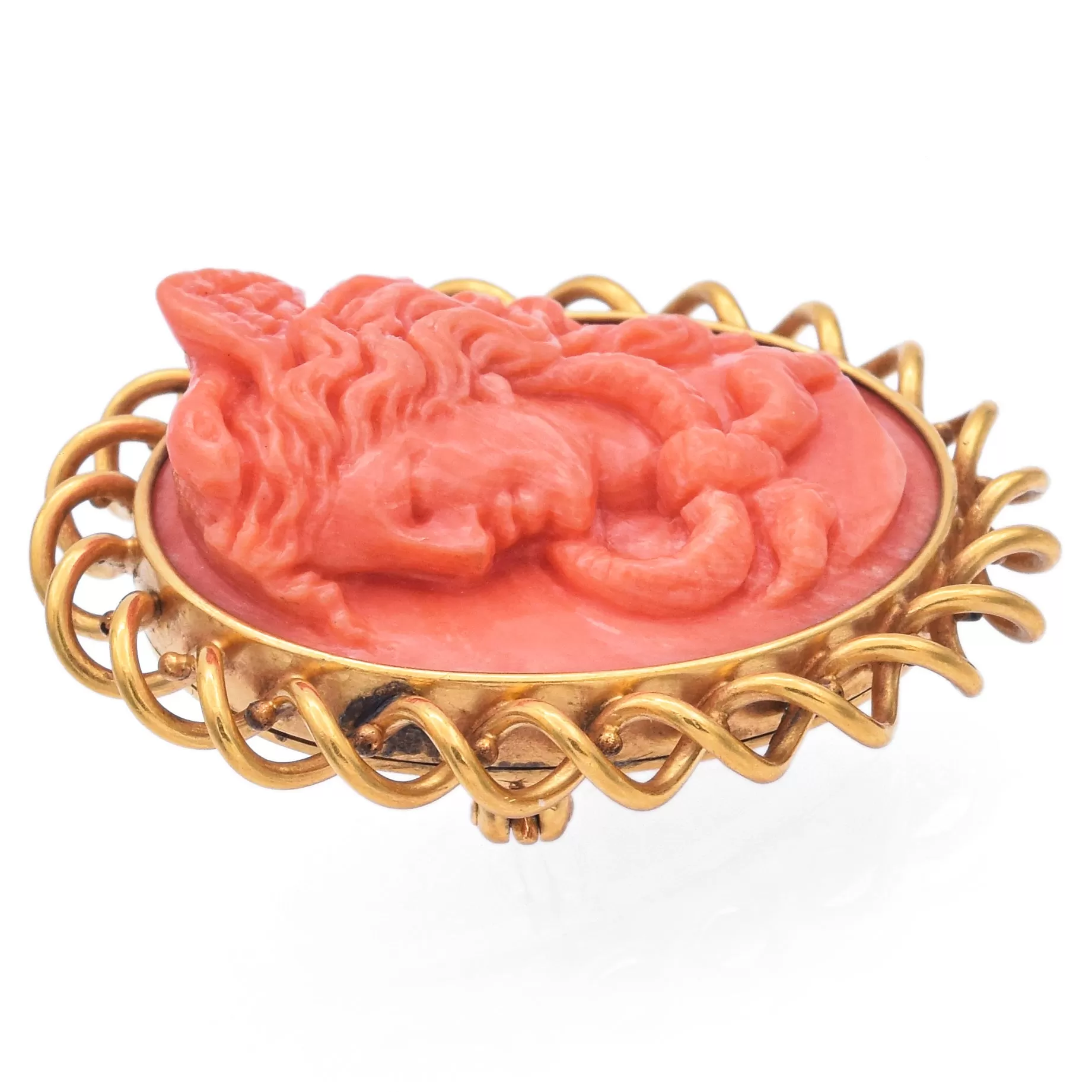 Estate Shreve & Co. 14K Yellow Gold Salmon Coral Cameo Brooch Pin