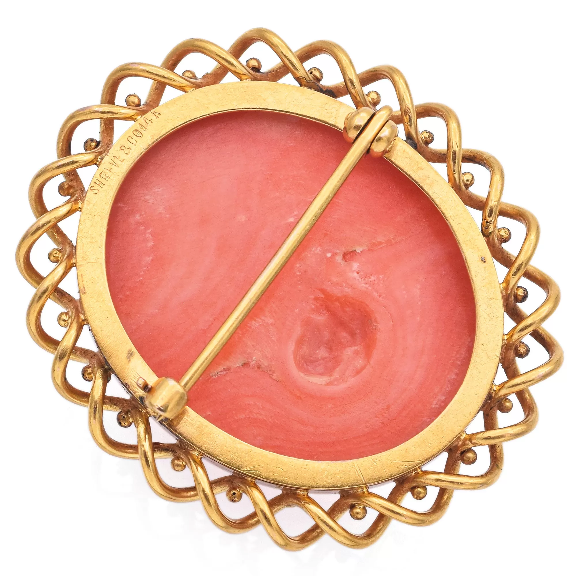 Estate Shreve & Co. 14K Yellow Gold Salmon Coral Cameo Brooch Pin