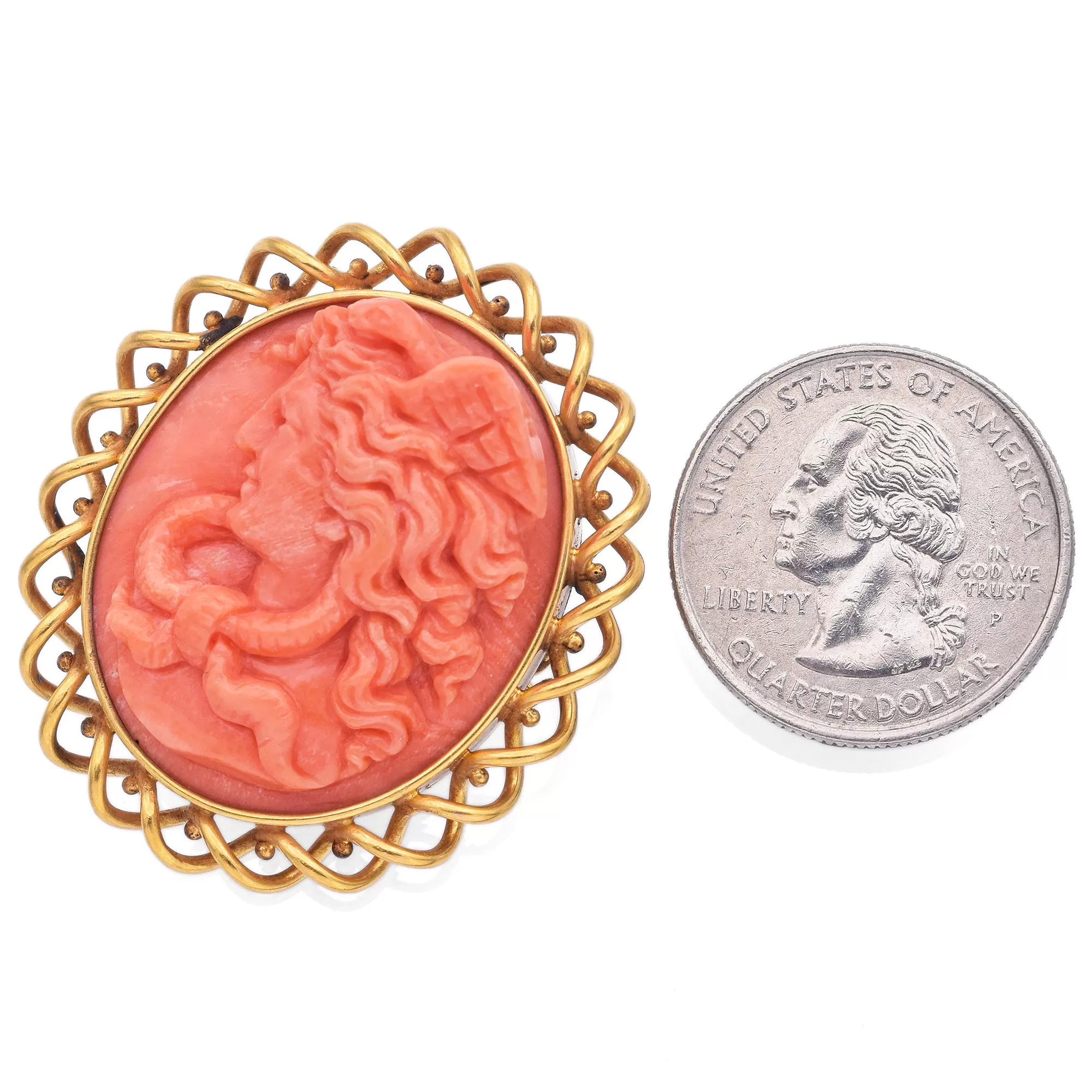 Estate Shreve & Co. 14K Yellow Gold Salmon Coral Cameo Brooch Pin