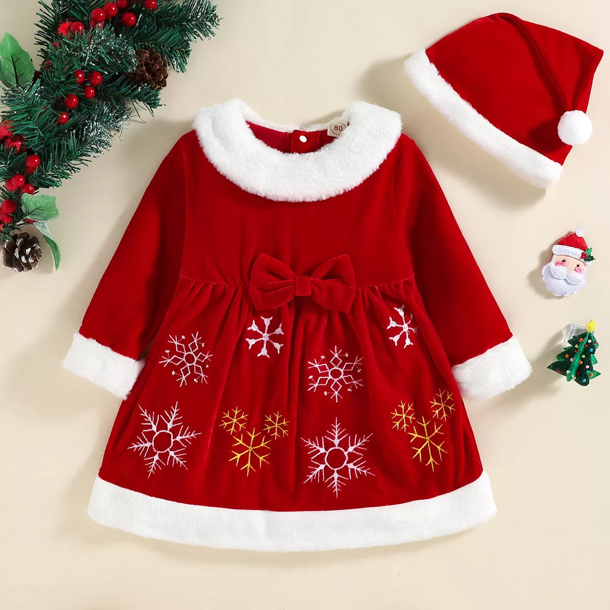 Girls' Christmas Day Snowflake Velvet Dress Plush Edge