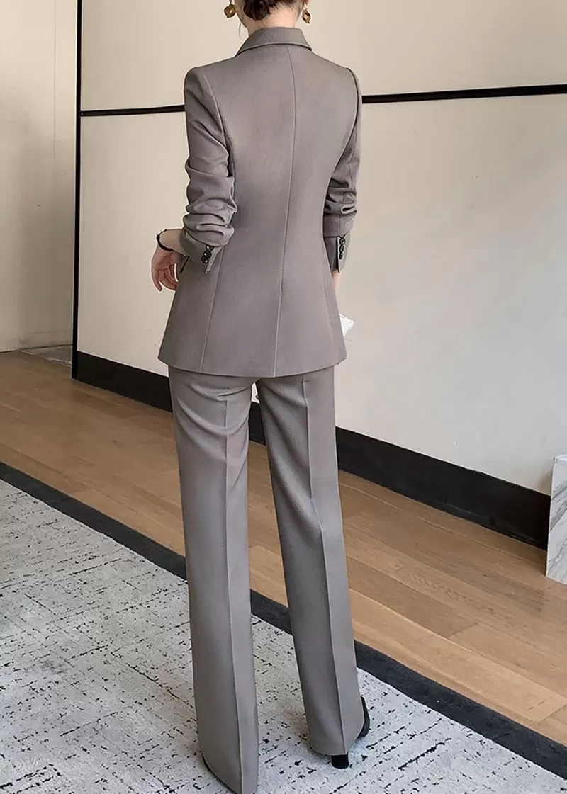 Gray Double Breasted Blazer Pants Suit Two-Piece Set