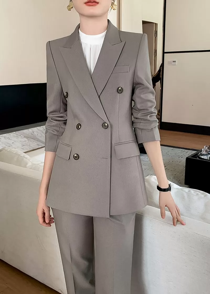 Gray Double Breasted Blazer Pants Suit Two-Piece Set