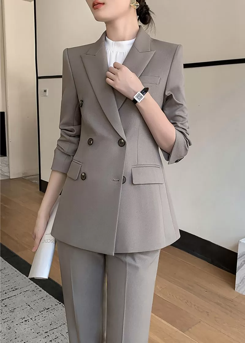 Gray Double Breasted Blazer Pants Suit Two-Piece Set