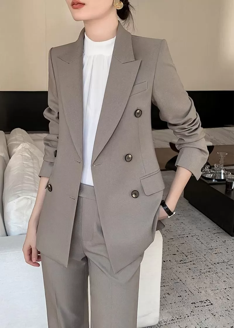 Gray Double Breasted Blazer Pants Suit Two-Piece Set