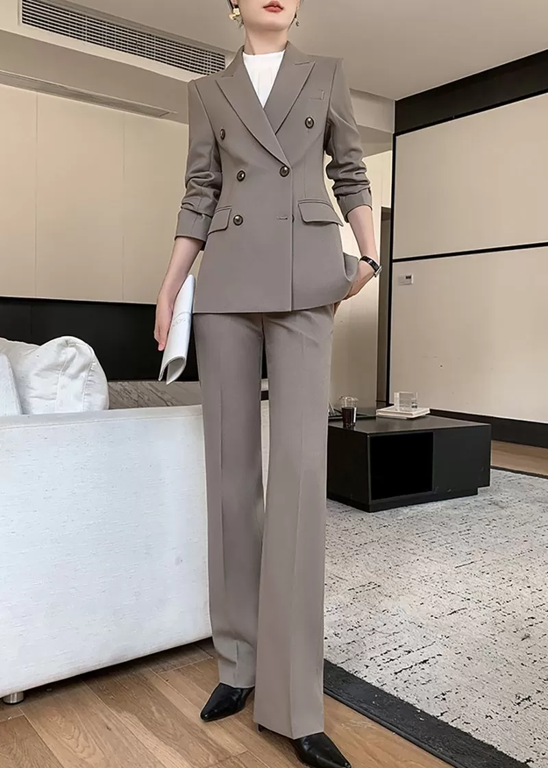 Gray Double Breasted Blazer Pants Suit Two-Piece Set