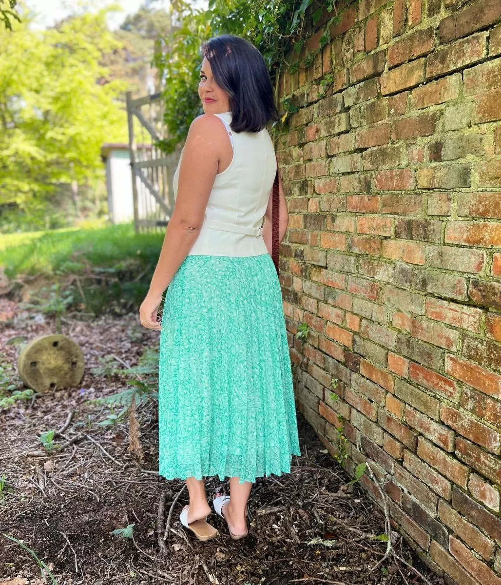 Green Swirling Animal Pleated Midi Skirt