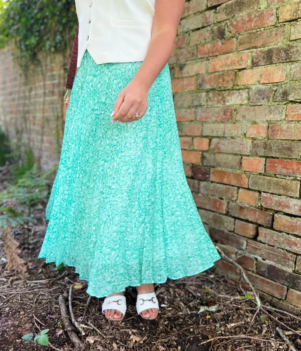 Green Swirling Animal Pleated Midi Skirt