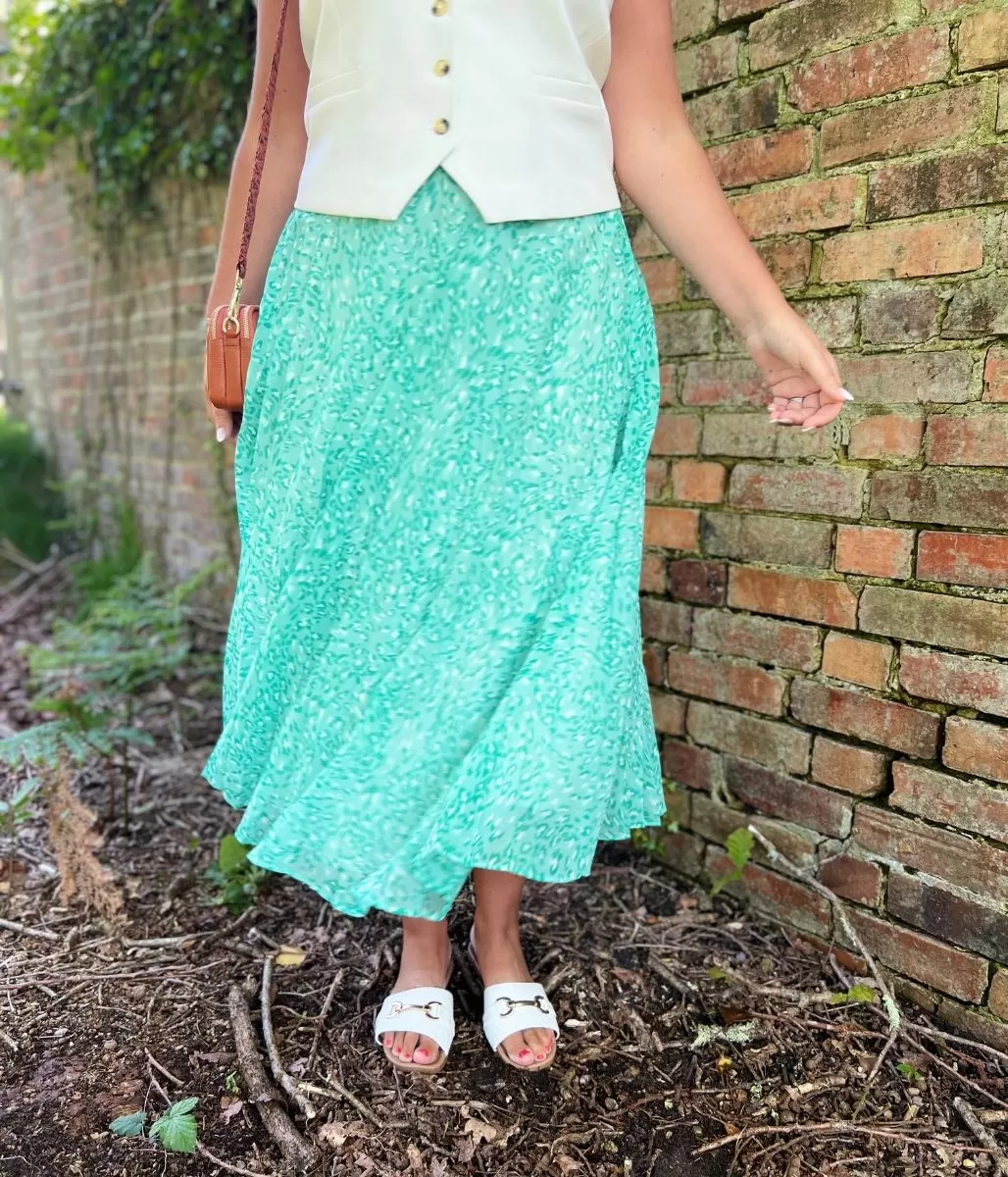 Green Swirling Animal Pleated Midi Skirt