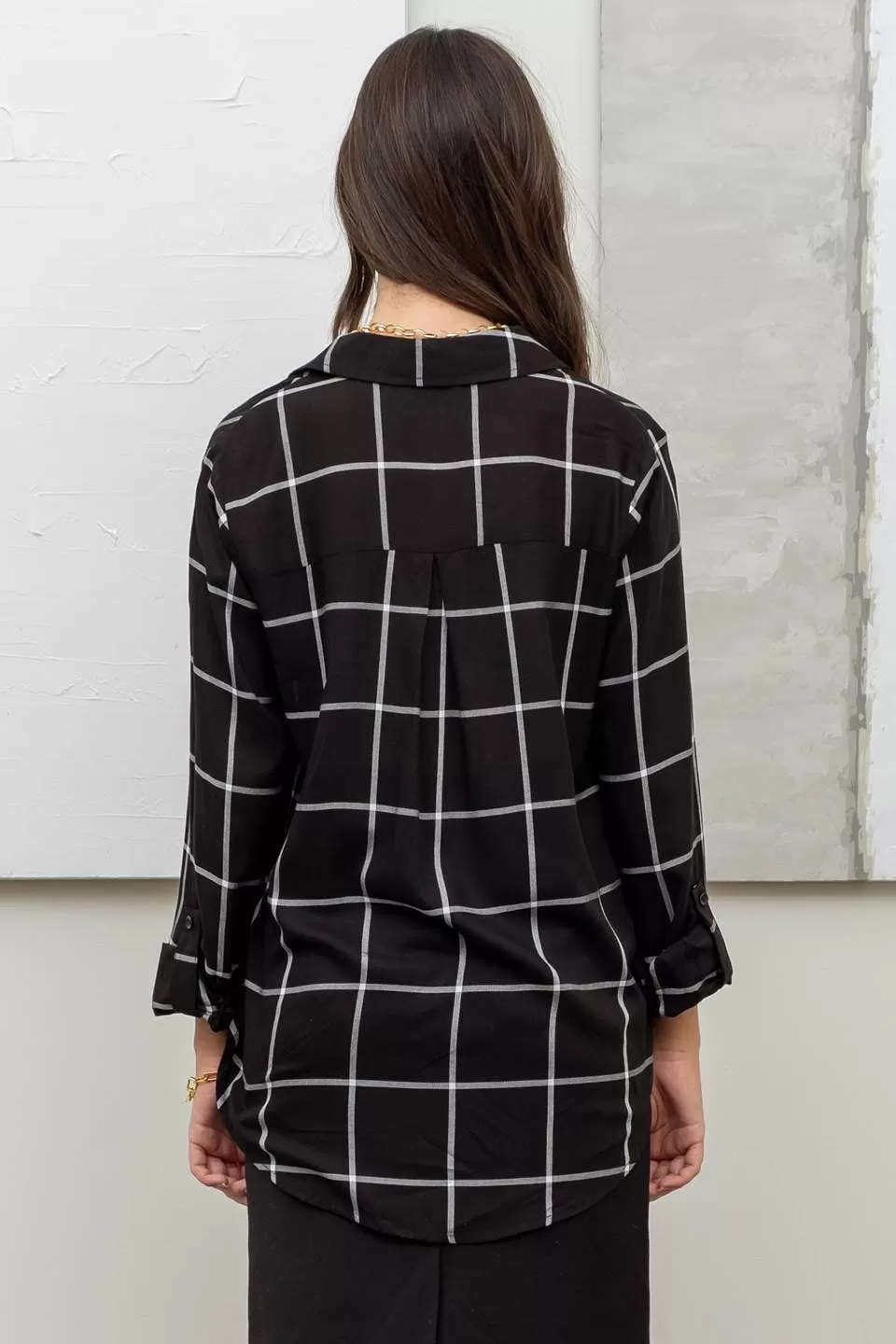 GRID BUTTON UP WOVEN TOP