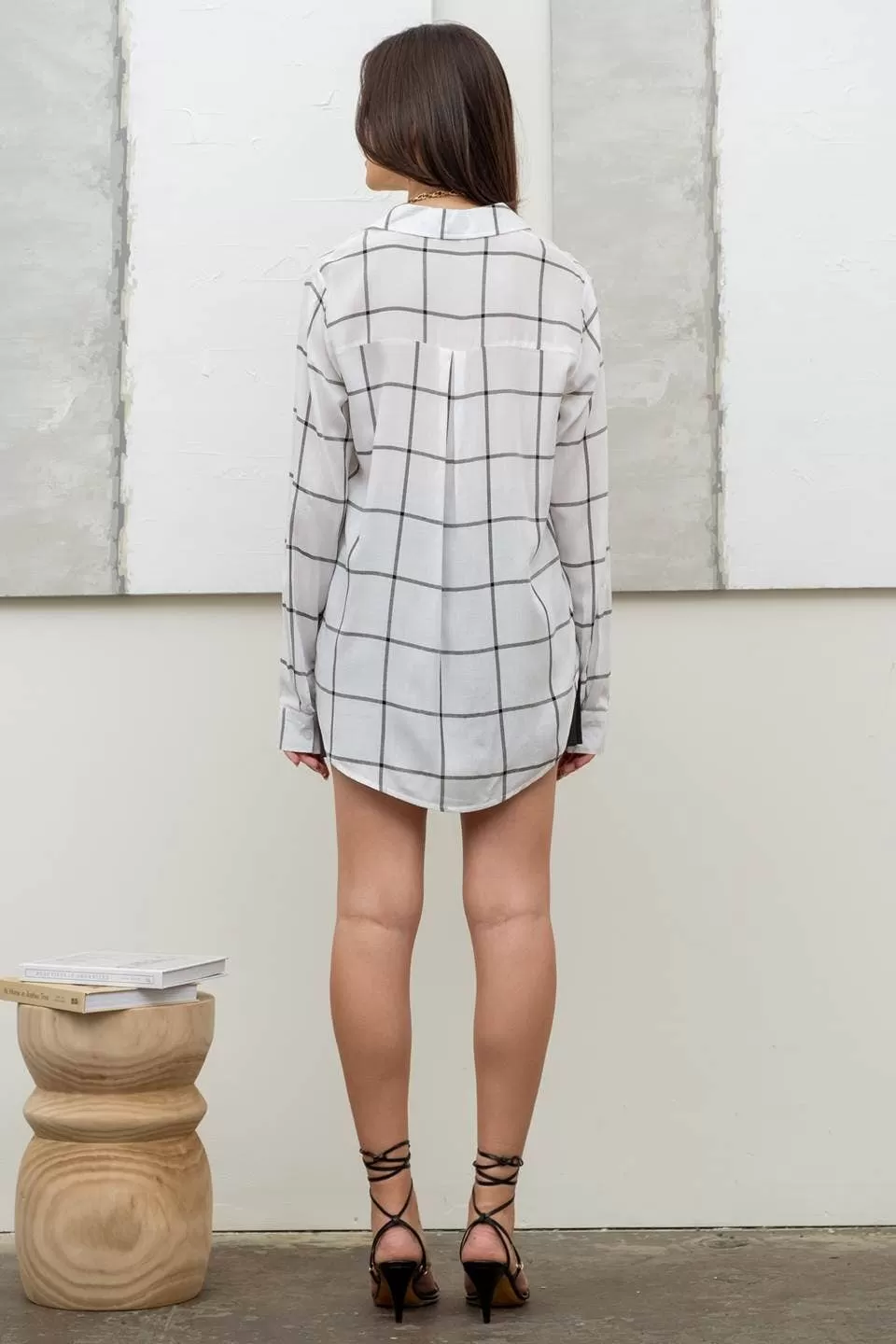 GRID BUTTON UP WOVEN TOP