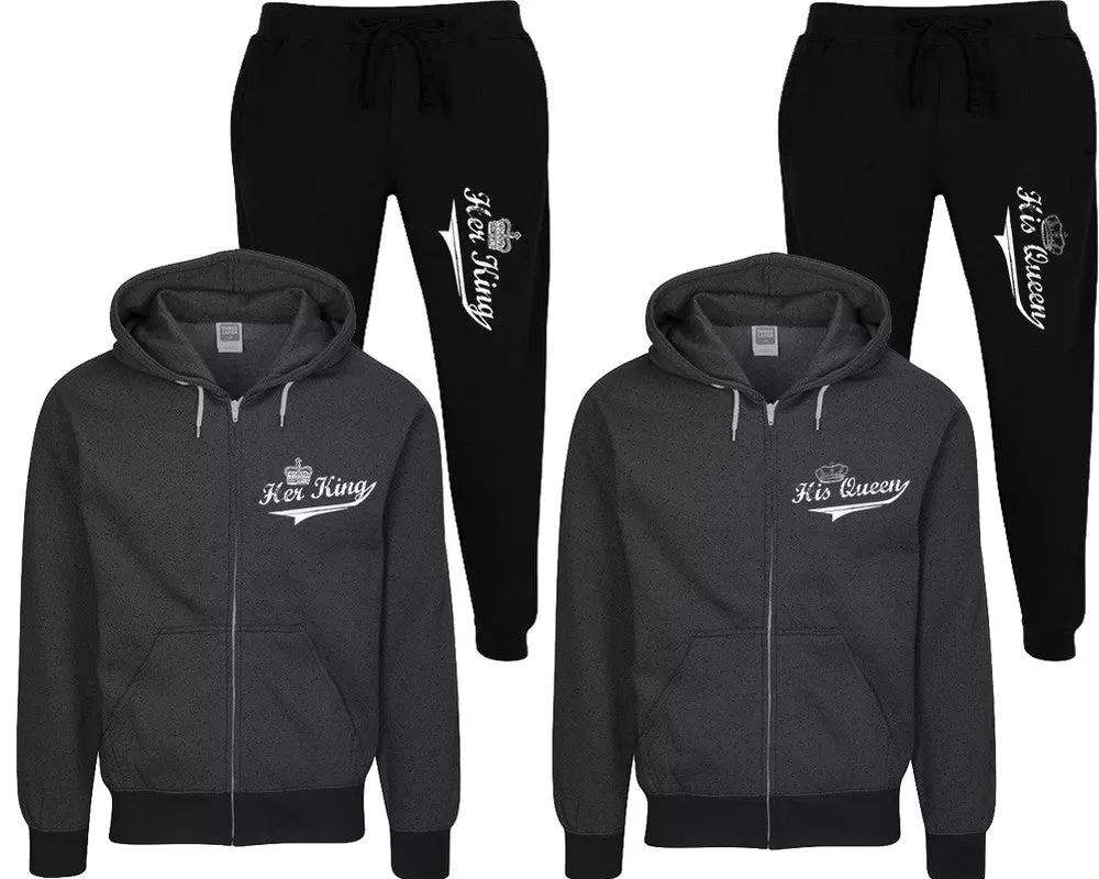 Her King His Queen Couple Speckle Zipper Hoodies and Jogger Pants Matching Top&Bottom Sets