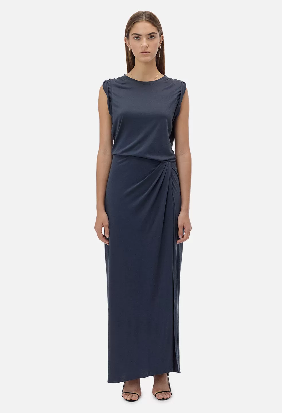 High Twist Cotton Maxi Wrap Dress / Cadet