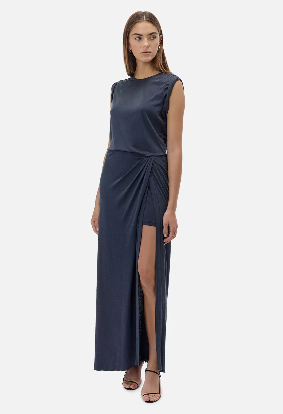 High Twist Cotton Maxi Wrap Dress / Cadet