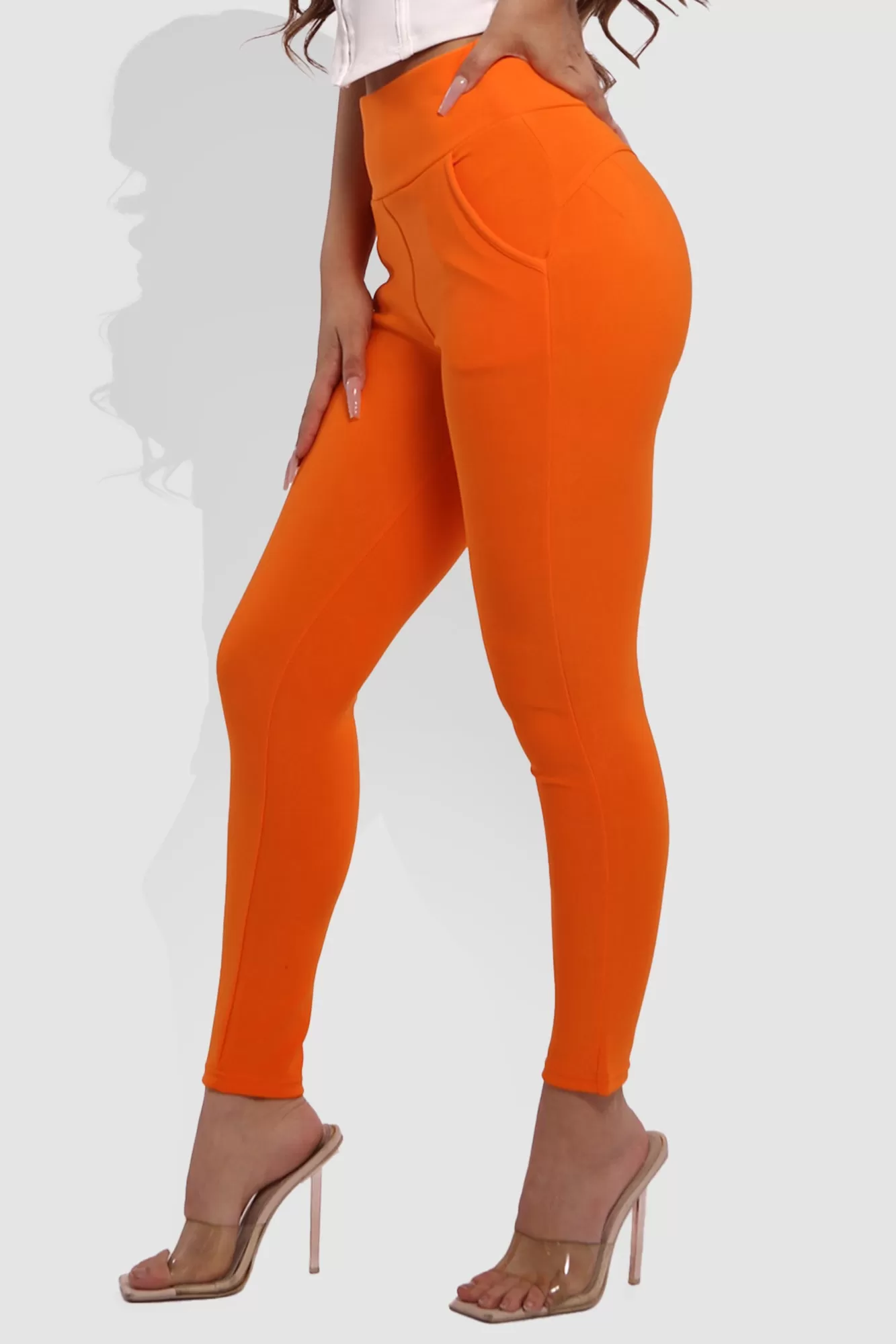 High Waist Sculpting Treggings With Front Pockets - Orange