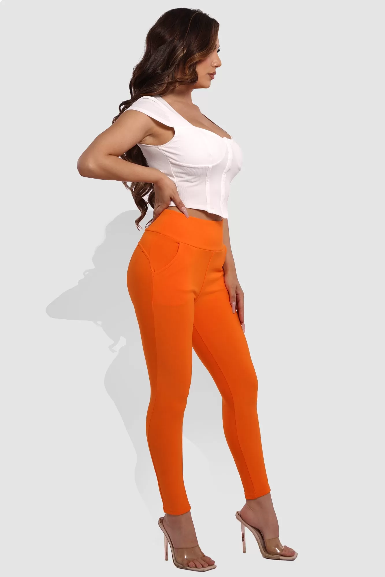 High Waist Sculpting Treggings With Front Pockets - Orange