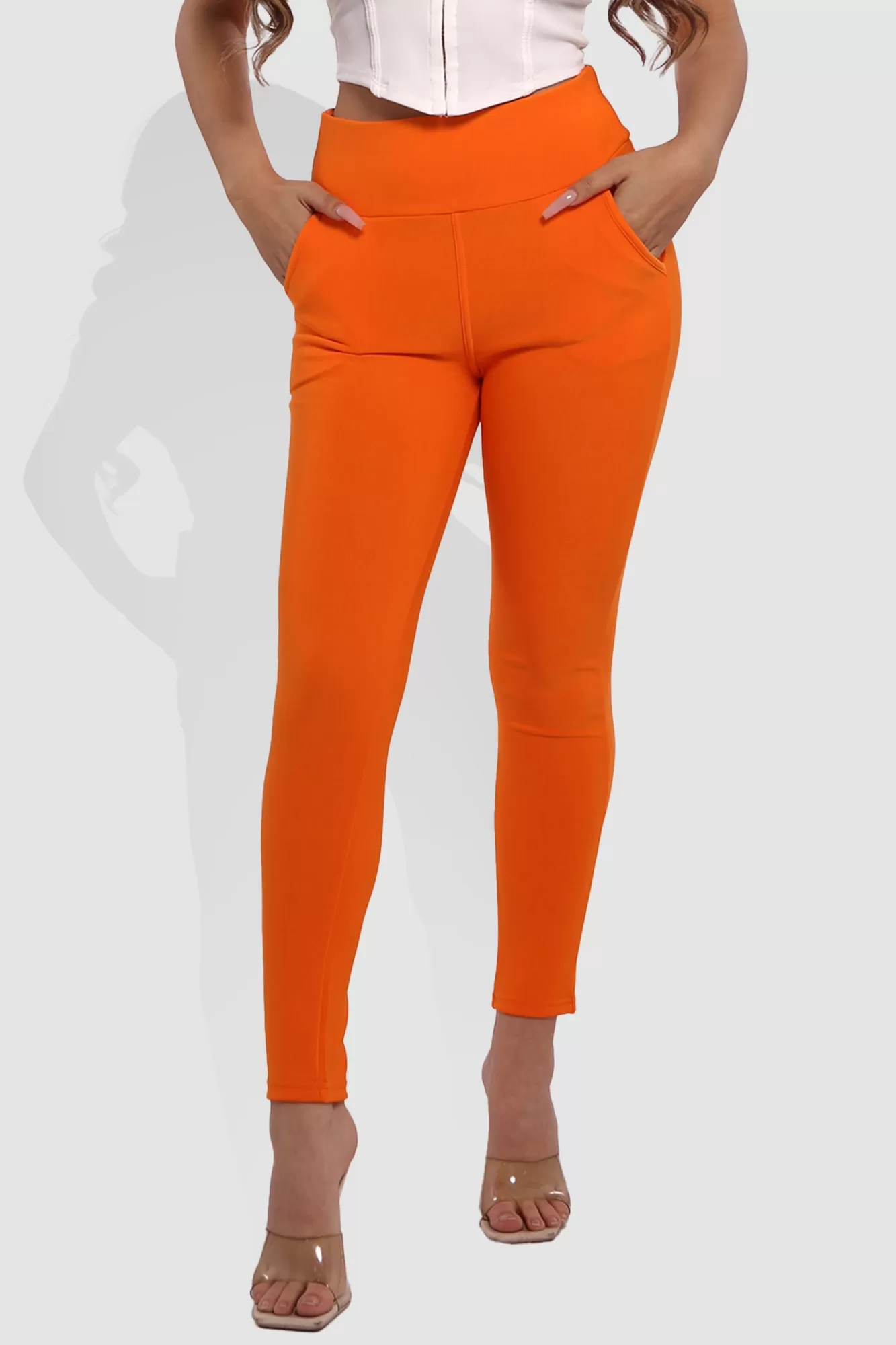 High Waist Sculpting Treggings With Front Pockets - Orange