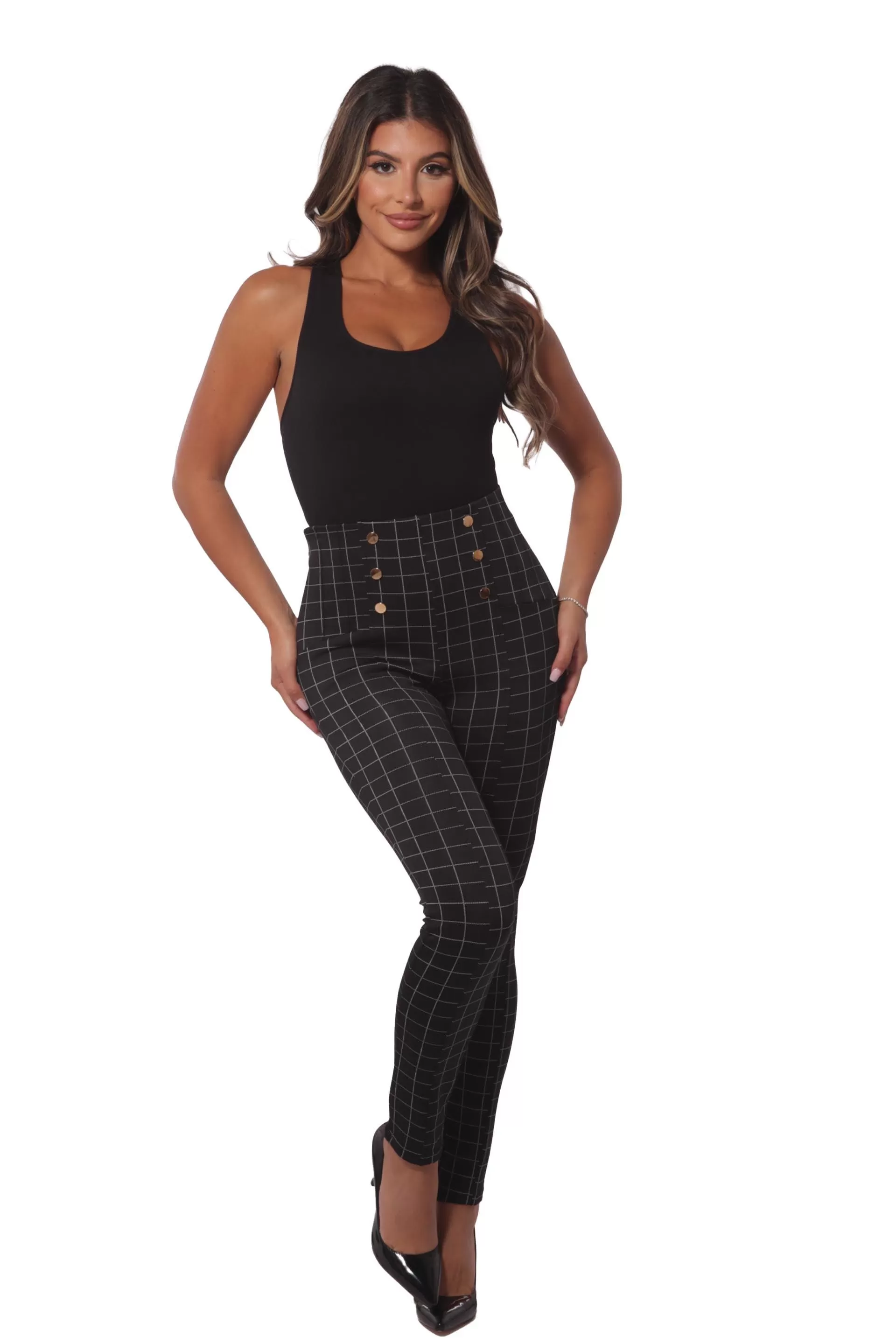 High Waist Sculpting Treggings With Metal Button Waist Detail - Black, White Plaid