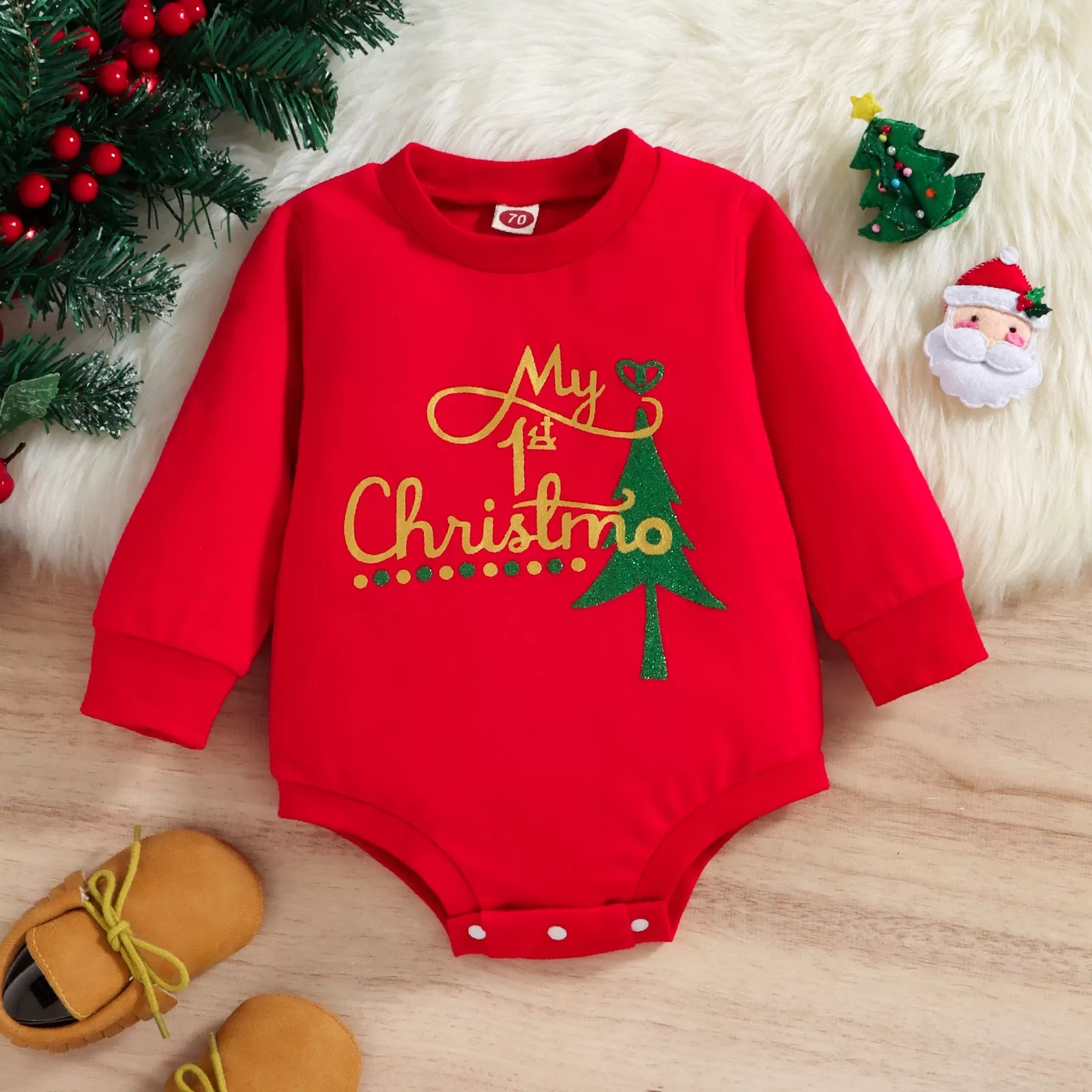 Infant Christmas Day Harness Long-sleeved Bodysuit Removable Crotch Crawling Clothes