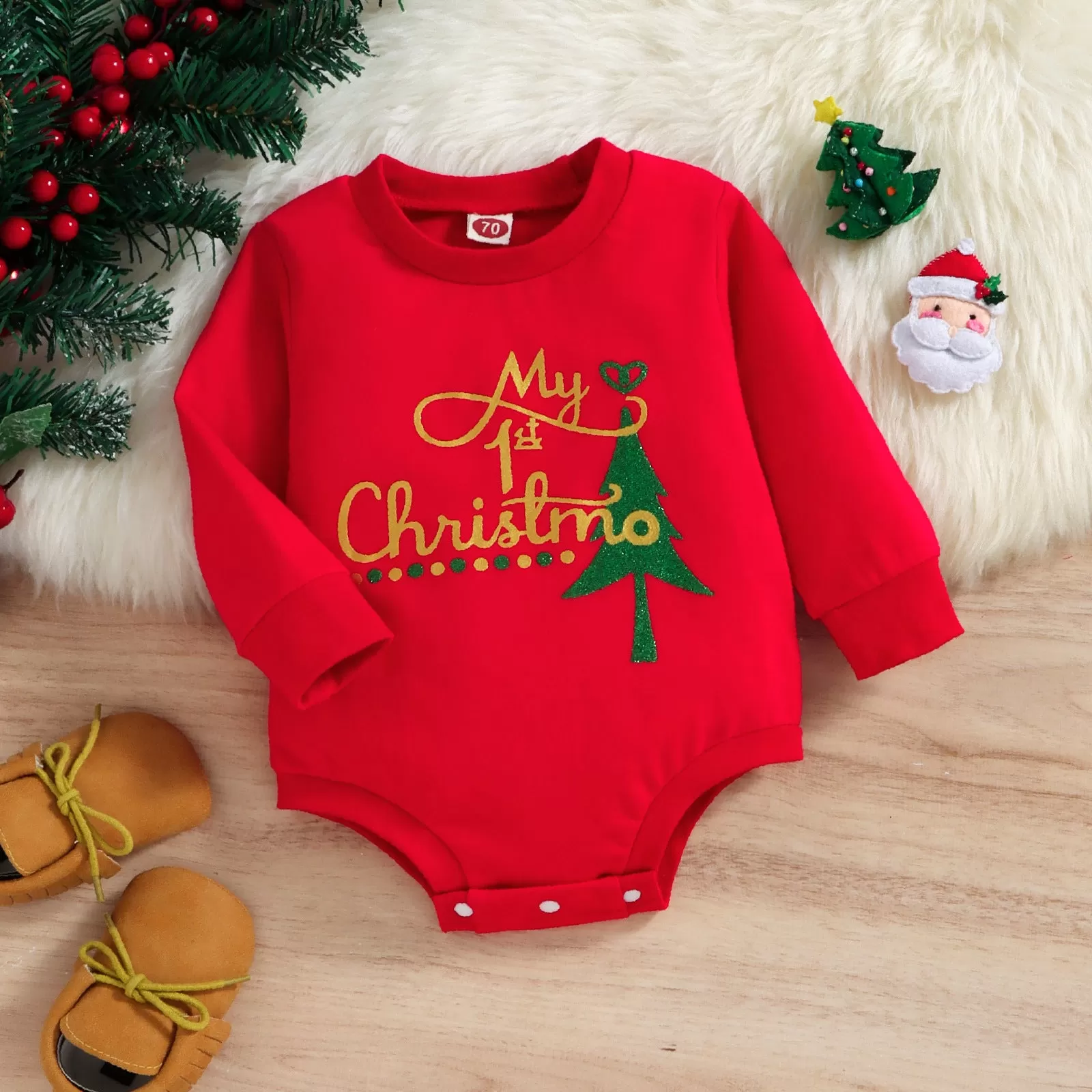 Infant Christmas Day Harness Long-sleeved Bodysuit Removable Crotch Crawling Clothes