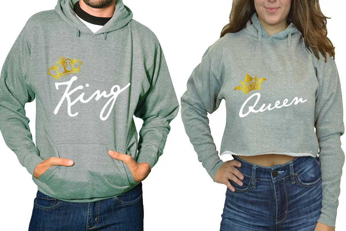 King Queen Couple Matching Ladies Crop Top Hoodie and Mens Pullover Hoodie.