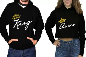 King Queen Couple Matching Ladies Crop Top Hoodie and Mens Pullover Hoodie.