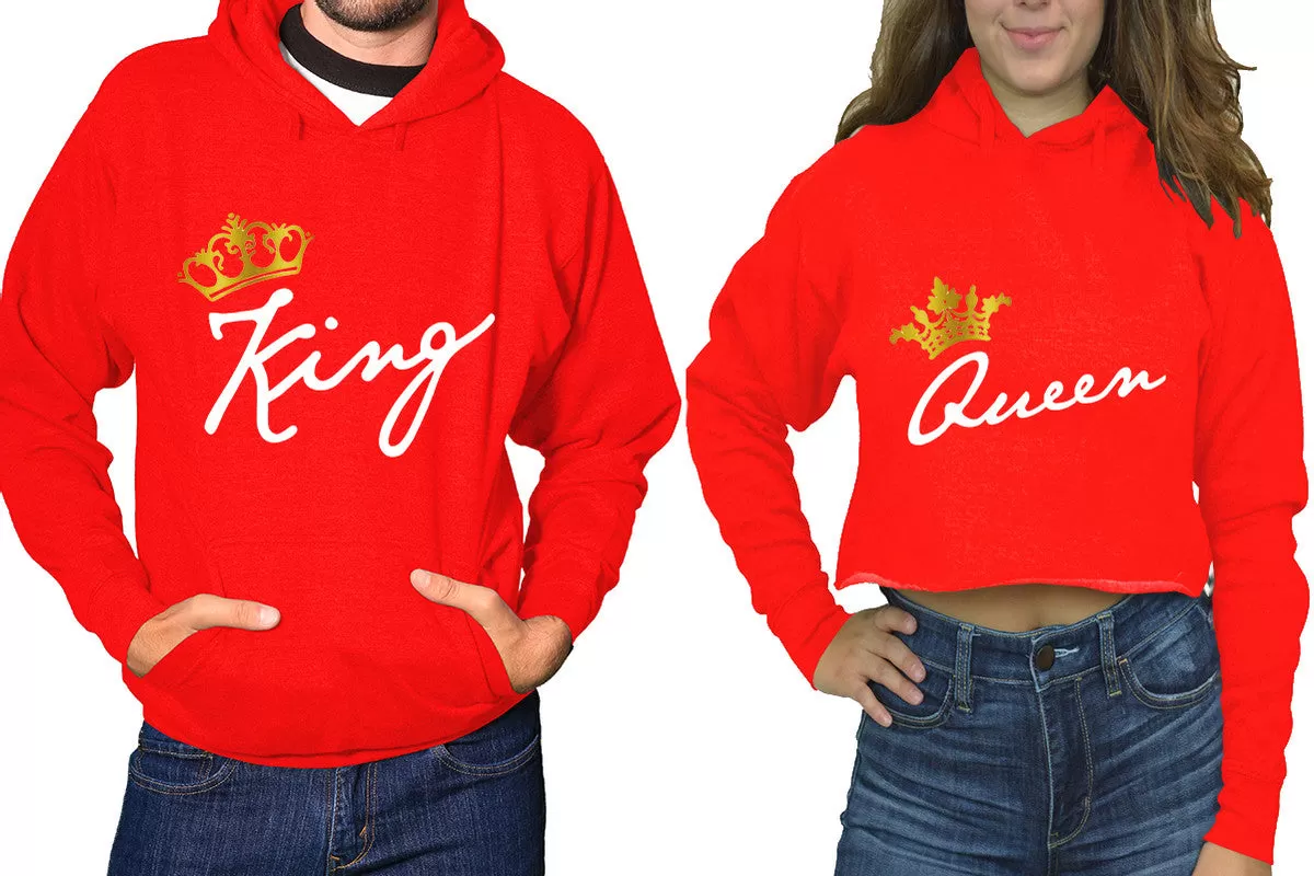 King Queen Couple Matching Ladies Crop Top Hoodie and Mens Pullover Hoodie.