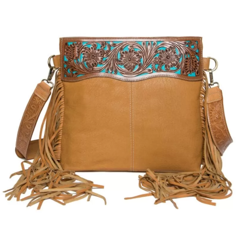 Leather Tooled Medium Handbag with Fringes (TLB16)