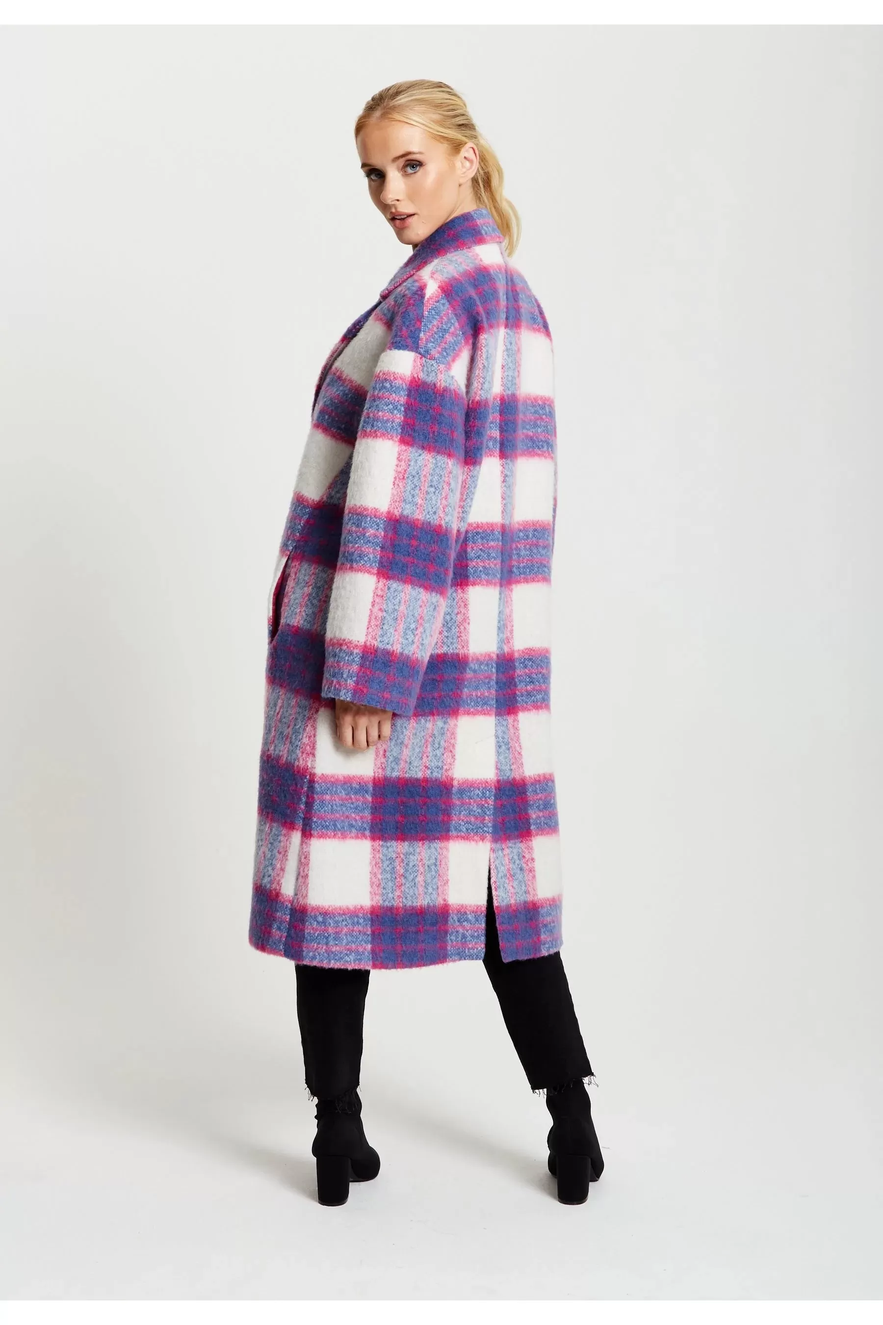 Liquorish Longline Coat In Pink And Navy Checks