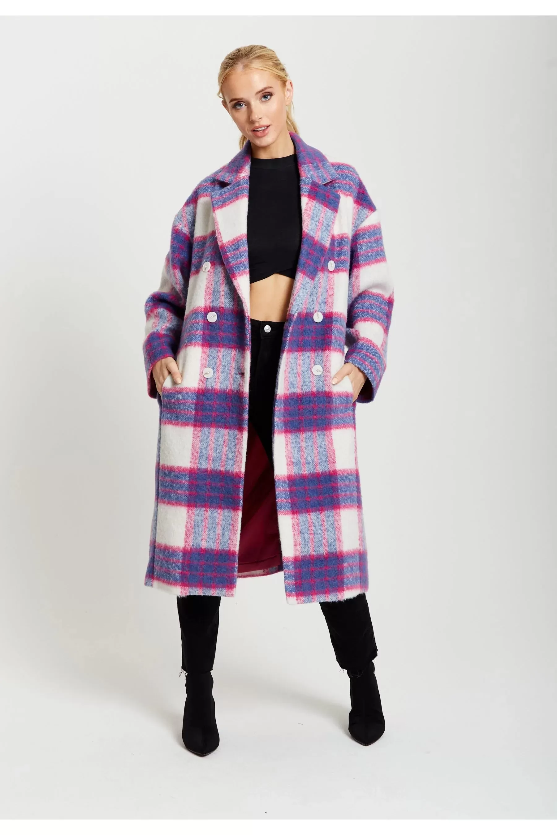 Liquorish Longline Coat In Pink And Navy Checks