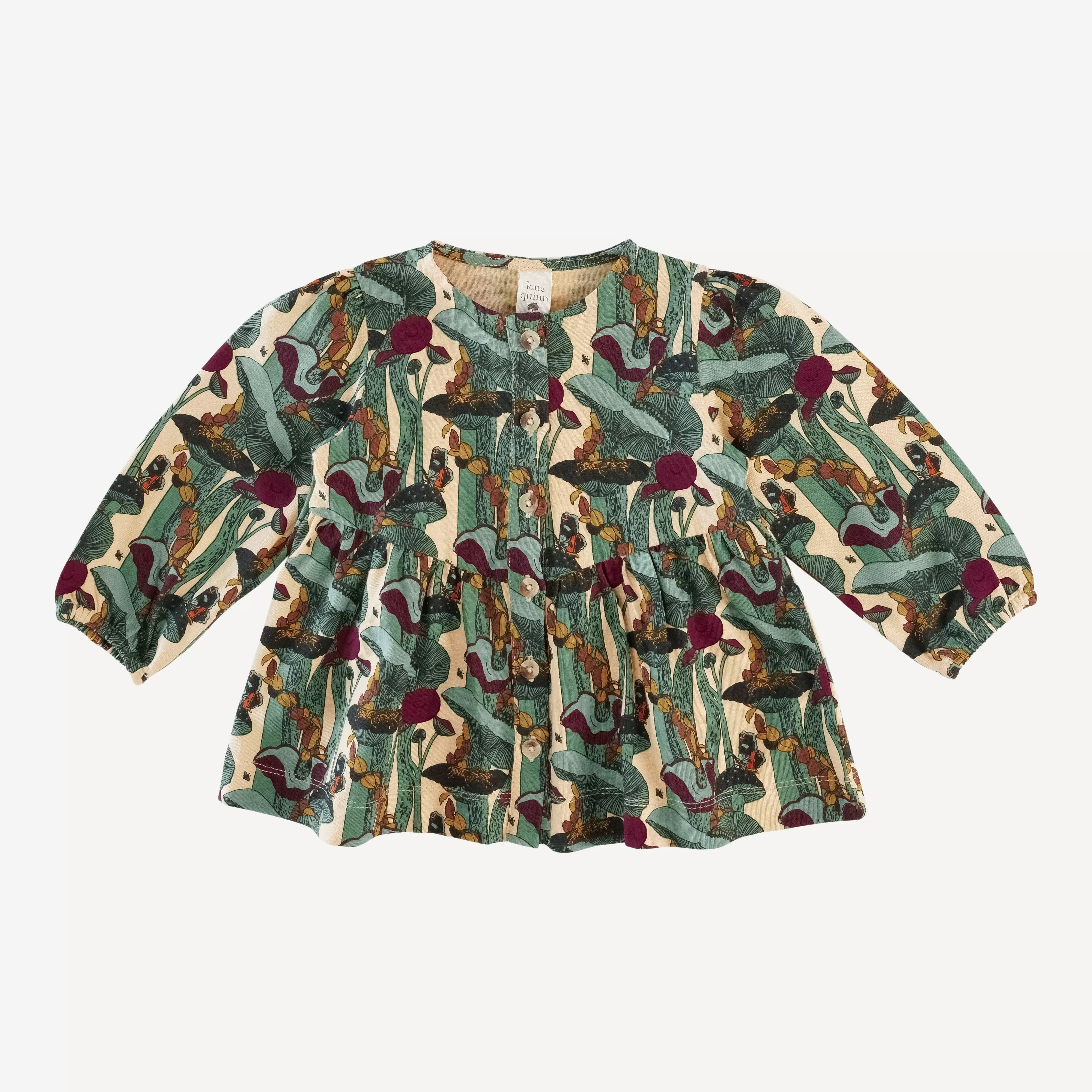 long sleeve button front v-waist top | green mushroom forest | organic cotton jersey