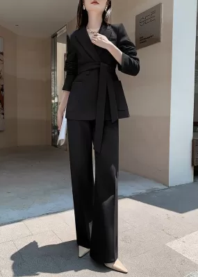 Megan Belted Double Breasted Blazer Wide Pants Suit Two-Piece Set