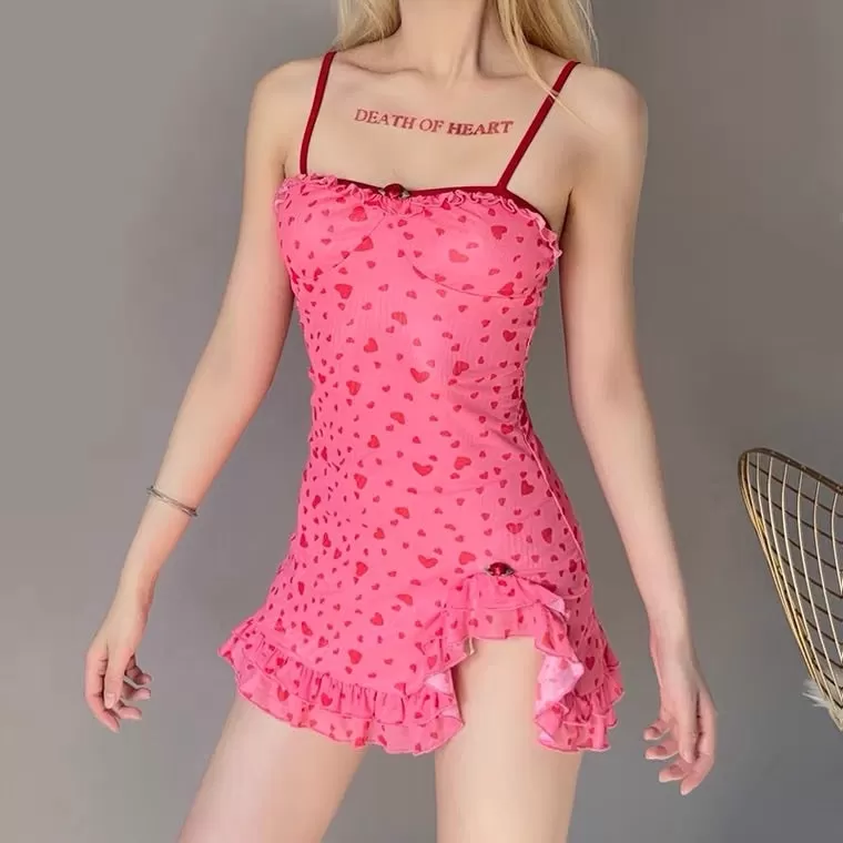 NEW SWEET PINK HEART LACE SLIM DRESS BY30001