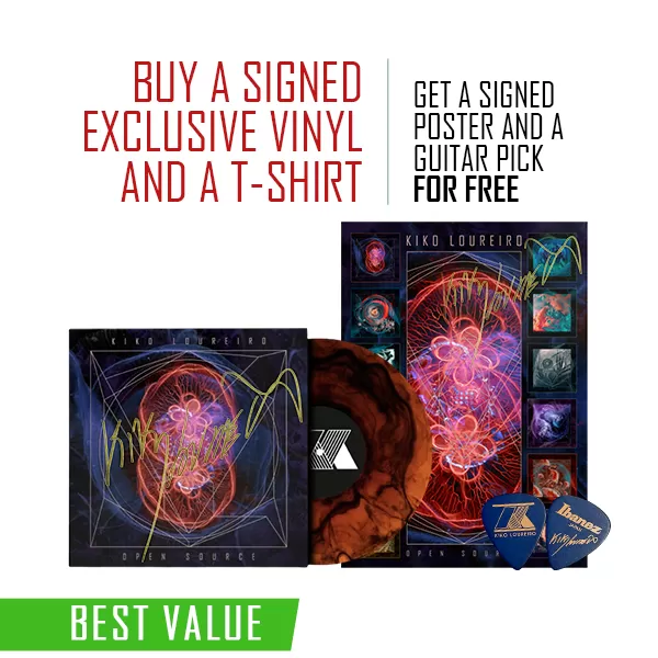 Signed Vinyl and T-shirt bundle Open Source (get a signed poster and a guitar pick for free)