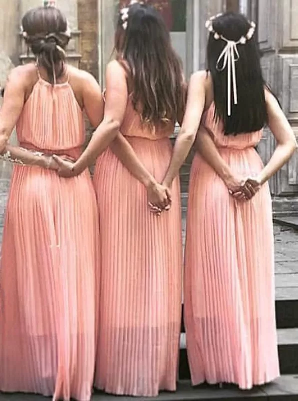 Simple Sleeveless Floor-Length Pink Bridesmaid Dress