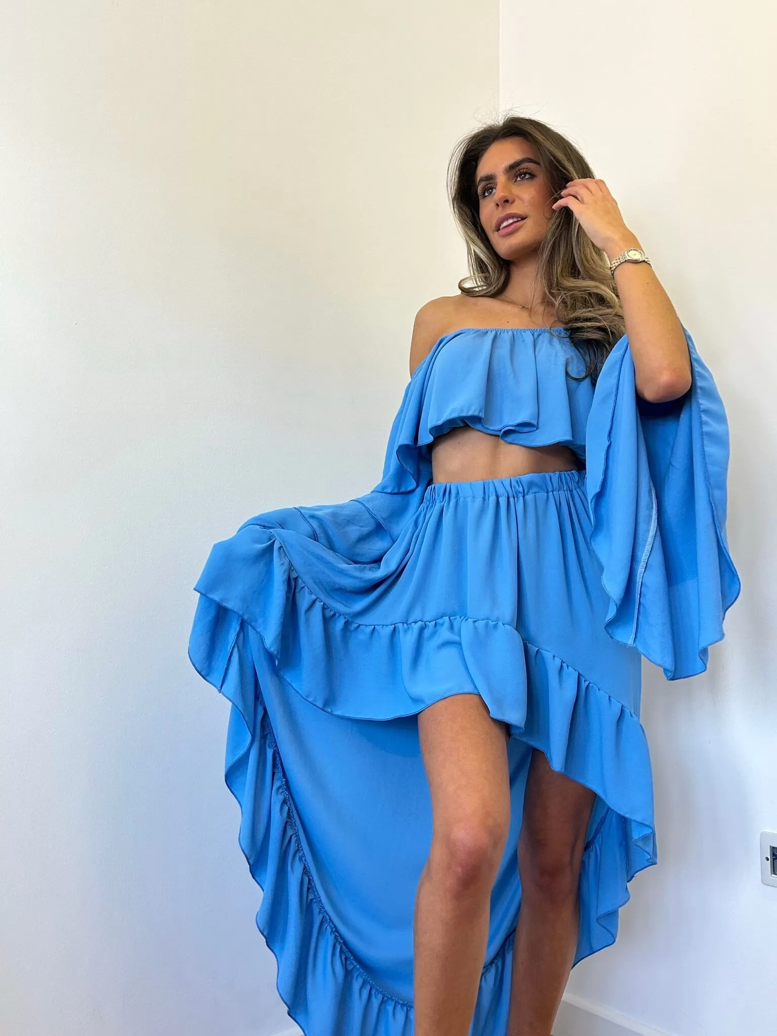 Sky Blue Chiffon Frill Suit