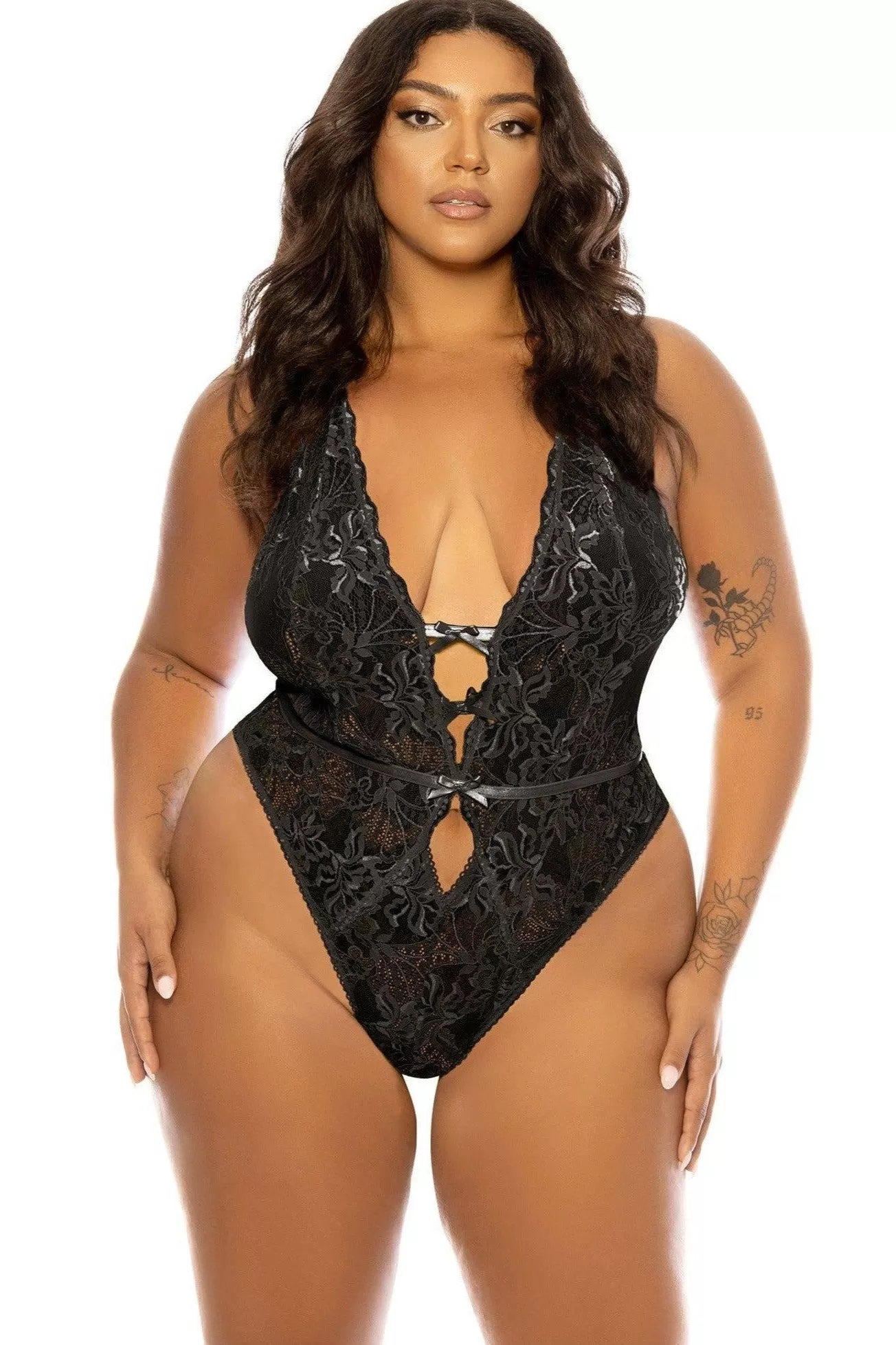 Soft Cup Lace Teddy with Open Gusset and Open Back | Plus Size Black