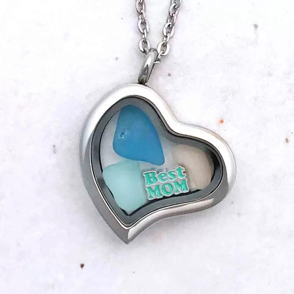 Turquoise, Aqua & Pink "Best Mom" Sea Glass Locket | #1680