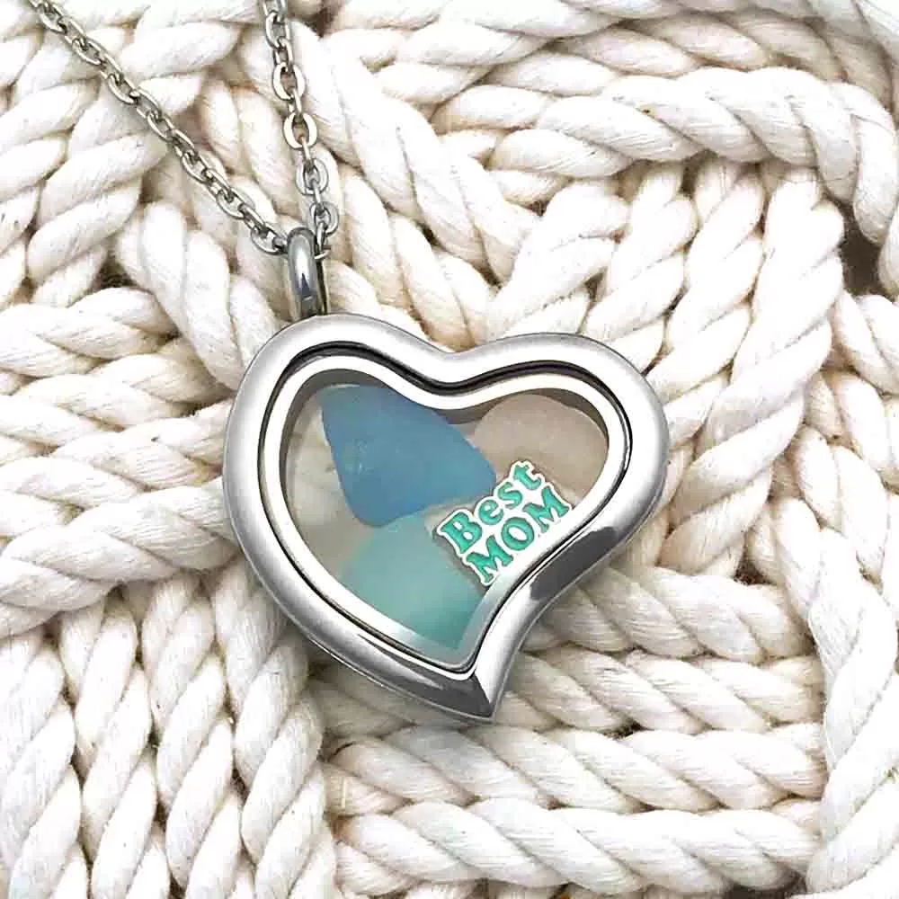 Turquoise, Aqua & Pink "Best Mom" Sea Glass Locket | #1680