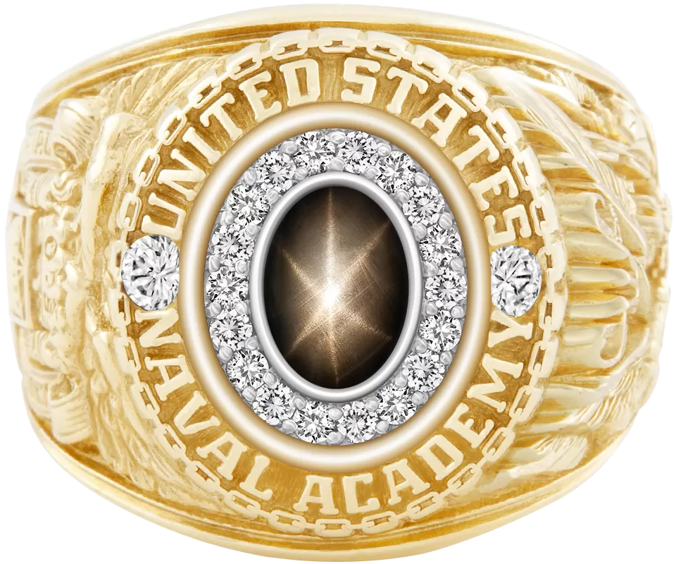 USNA Class Ring Mod™ with Black Star Sapphire Centerpiece and Diamond Dividers