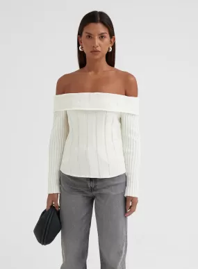 White Knitted Foldover Bardot Top - Allegra