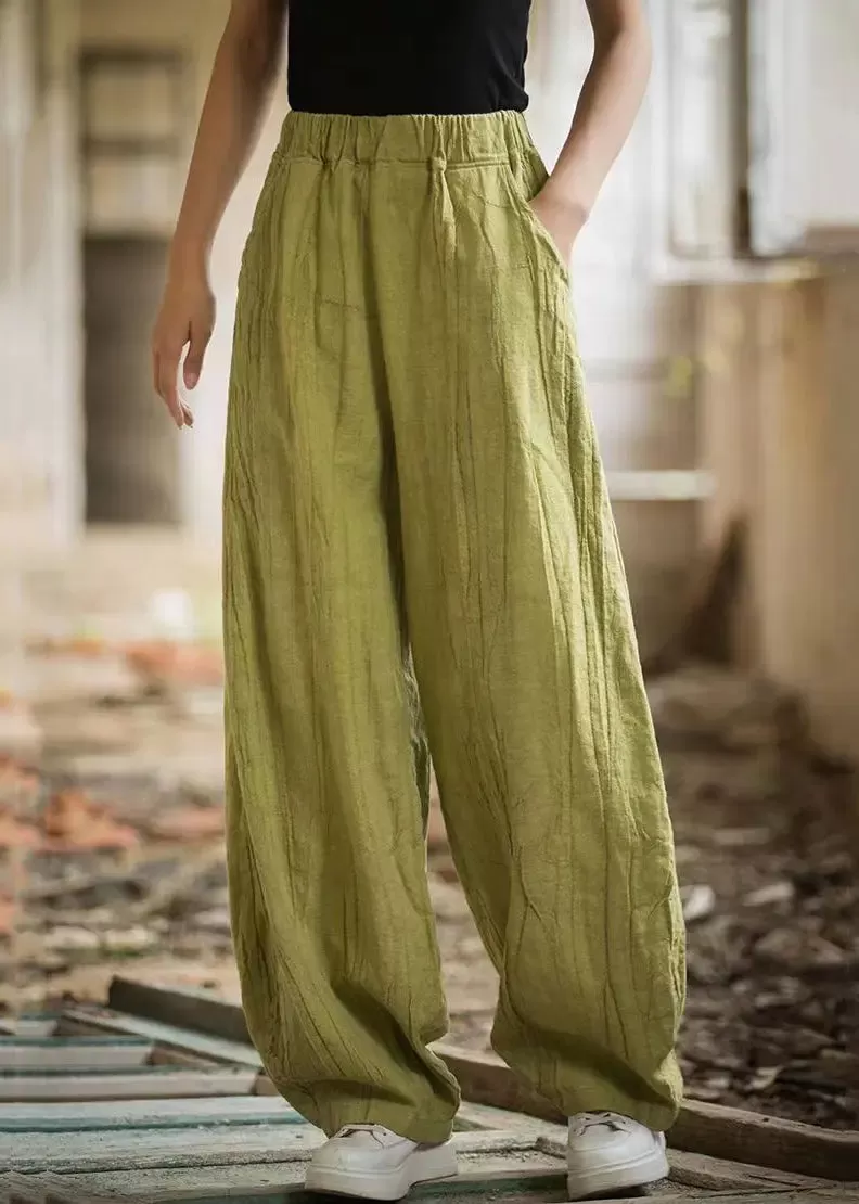 Women Green Pockets Elastic Waist Linen Pants Summer CG1053